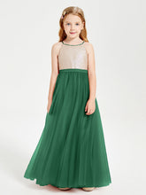 Abito Damigella Junior Lungo Top Con Paillettes Gonna In Tulle Verde Scuro