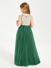 Abito Damigella Junior Lungo Top Con Paillettes Gonna In Tulle Verde Scuro