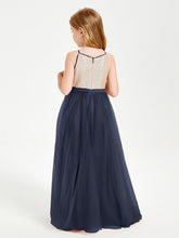 Abito Damigella Junior Lungo Top Con Paillettes Gonna In Tulle Blu Scuro