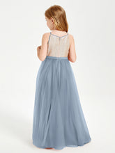 Abito Damigella Junior Lungo Top Con Paillettes Gonna In Tulle Azzurro Polvere