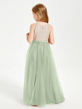 Abito Damigella Junior Lungo Top Con Paillettes Gonna In Tulle Salvia Polvere