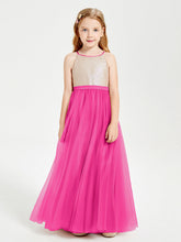 Abito Damigella Junior Lungo Top Con Paillettes Gonna In Tulle Fucsia