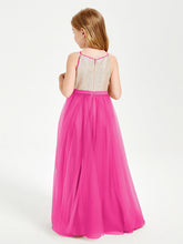 Abito Damigella Junior Lungo Top Con Paillettes Gonna In Tulle Fucsia