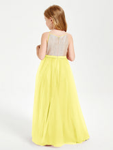Abito Damigella Junior Lungo Top Con Paillettes Gonna In Tulle Limone
