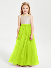 Abito Damigella Junior Lungo Top Con Paillettes Gonna In Tulle Verde Lime