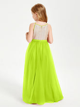 Abito Damigella Junior Lungo Top Con Paillettes Gonna In Tulle Verde Lime