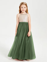 Abito Damigella Junior Lungo Top Con Paillettes Gonna In Tulle Verde Oliva