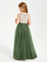 Abito Damigella Junior Lungo Top Con Paillettes Gonna In Tulle Verde Oliva