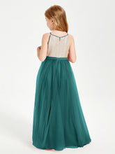 Abito Damigella Junior Lungo Top Con Paillettes Gonna In Tulle Pavone
