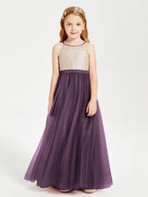 Abito Damigella Junior Lungo Top Con Paillettes Gonna In Tulle Prugna