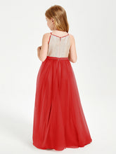 Abito Damigella Junior Lungo Top Con Paillettes Gonna In Tulle Rosso