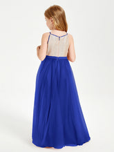Abito Damigella Junior Lungo Top Con Paillettes Gonna In Tulle Blu Royal