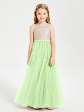 Abito Damigella Junior Lungo Top Con Paillettes Gonna In Tulle Salvia