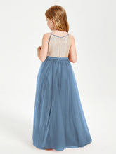 Abito Damigella Junior Lungo Top Con Paillettes Gonna In Tulle Blu Ardesia
