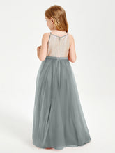 Abito Damigella Junior Lungo Top Con Paillettes Gonna In Tulle Grigio Acciaio