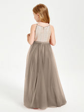 Abito Damigella Junior Lungo Top Con Paillettes Gonna In Tulle Tortora