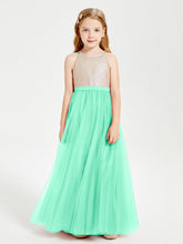 Abito Damigella Junior Lungo Top Con Paillettes Gonna In Tulle Turchese