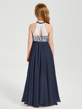 Abiti Da Damigella Lunghi In Chiffon Top In Pizzo Blu Scuro