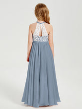 Abiti Da Damigella Lunghi In Chiffon Top In Pizzo Azzurro Polvere