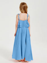 Abiti Damigella Junior Lunghi In Chiffon Spalline Sottili Con Fiocco Blu