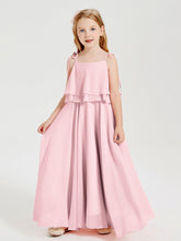 Abiti Damigella Junior Lunghi In Chiffon Spalline Sottili Con Fiocco Rosa Cipria