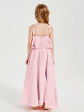 Abiti Damigella Junior Lunghi In Chiffon Spalline Sottili Con Fiocco Rosa Cipria