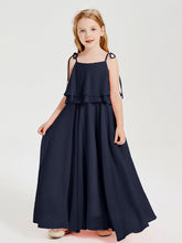 Abiti Damigella Junior Lunghi In Chiffon Spalline Sottili Con Fiocco Blu Scuro