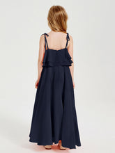 Abiti Damigella Junior Lunghi In Chiffon Spalline Sottili Con Fiocco Blu Scuro