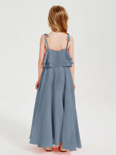 Abiti Damigella Junior Lunghi In Chiffon Spalline Sottili Con Fiocco Azzurro Polvere