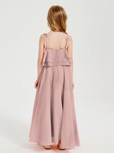 Abiti Damigella Junior Lunghi In Chiffon Spalline Sottili Con Fiocco Rosa Polvere