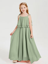 Abiti Damigella Junior Lunghi In Chiffon Spalline Sottili Con Fiocco Salvia Polvere
