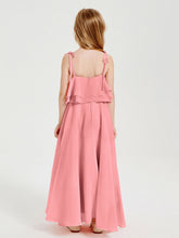 Abiti Damigella Junior Lunghi In Chiffon Spalline Sottili Con Fiocco Fenicottero