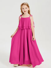 Abiti Damigella Junior Lunghi In Chiffon Spalline Sottili Con Fiocco Fucsia