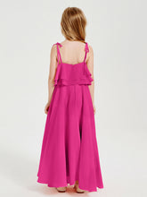Abiti Damigella Junior Lunghi In Chiffon Spalline Sottili Con Fiocco Fucsia
