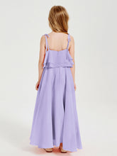 Abiti Damigella Junior Lunghi In Chiffon Spalline Sottili Con Fiocco Lilla