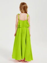 Abiti Damigella Junior Lunghi In Chiffon Spalline Sottili Con Fiocco Verde Lime