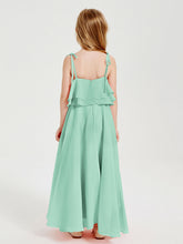 Abiti Damigella Junior Lunghi In Chiffon Spalline Sottili Con Fiocco Verde Menta