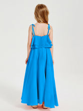 Abiti Damigella Junior Lunghi In Chiffon Spalline Sottili Con Fiocco Blu Oceano