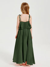 Abiti Damigella Junior Lunghi In Chiffon Spalline Sottili Con Fiocco Verde Oliva