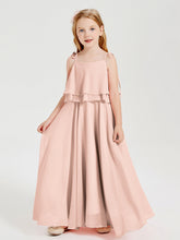 Abiti Damigella Junior Lunghi In Chiffon Spalline Sottili Con Fiocco Rosa Perlato