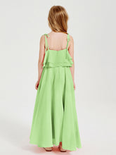 Abiti Damigella Junior Lunghi In Chiffon Spalline Sottili Con Fiocco Salvia