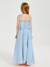 Abiti Damigella Junior Lunghi In Chiffon Spalline Sottili Con Fiocco Blu Cielo