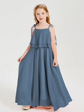 Abiti Damigella Junior Lunghi In Chiffon Spalline Sottili Con Fiocco Blu Ardesia