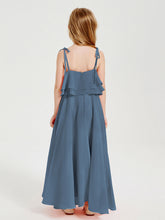 Abiti Damigella Junior Lunghi In Chiffon Spalline Sottili Con Fiocco Blu Ardesia