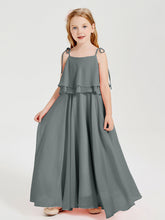 Abiti Damigella Junior Lunghi In Chiffon Spalline Sottili Con Fiocco Grigio Acciaio