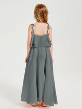 Abiti Damigella Junior Lunghi In Chiffon Spalline Sottili Con Fiocco Grigio Acciaio