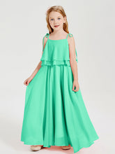 Abiti Damigella Junior Lunghi In Chiffon Spalline Sottili Con Fiocco Turchese