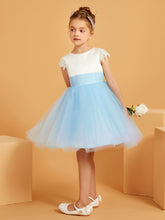 Abito Da Damigella A-line Con Scollo A U E Lunghezza Al Ginocchio In Raso/Tulle Blu Cielo