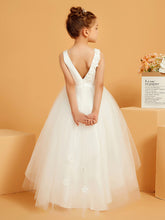 Abito Lungo Da Damigella In Tulle/Raso Con Scollo Rotondo E Fiori 3D