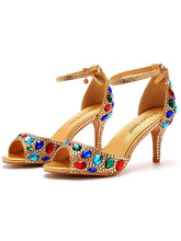 Sandali Con Tacco A Spillo Punta Aperta Decorazione In Strass Color Oro Cinturino Alla Caviglia